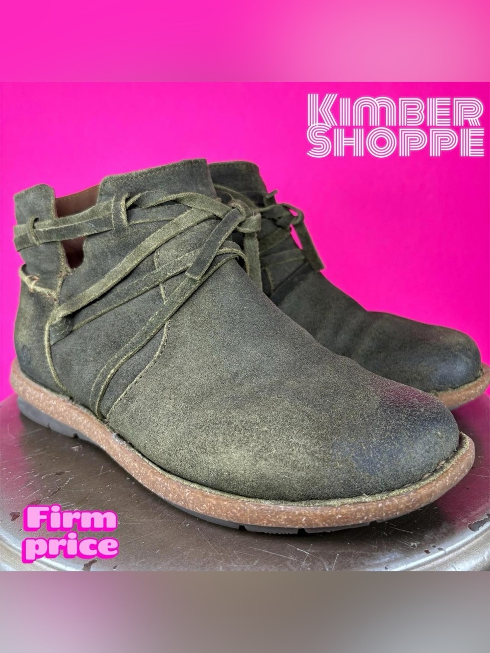 Born Tarklin Green Distressed Suede Wraparound Laces Ankle Boot US 7 EU 38 UK 5